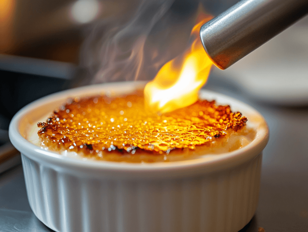 A close-up of a kitchen torch in action, caramelizing the sugar on a crème brûlée, creating a golden, crispy topping.
