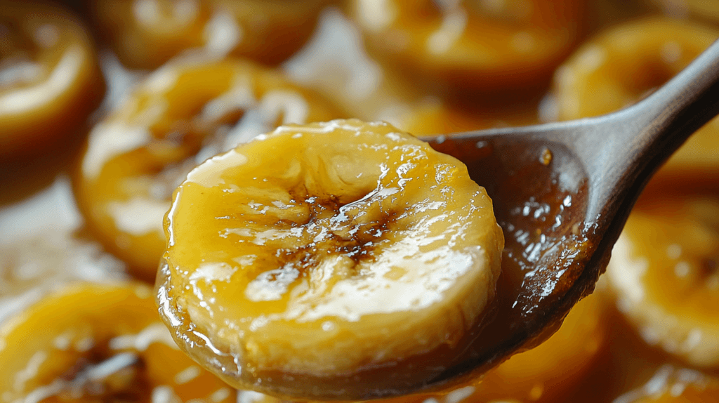 A close-up of caramelized banana slices on a spoon, glistening with golden syrup
