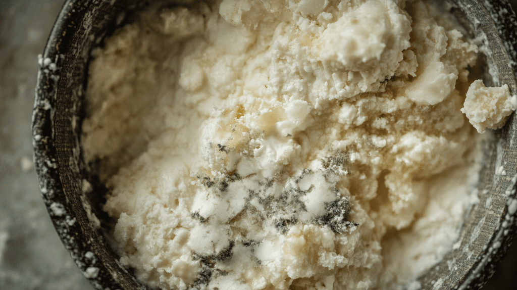 Spoiled cottage cheese with mold and discoloration in a bowl.