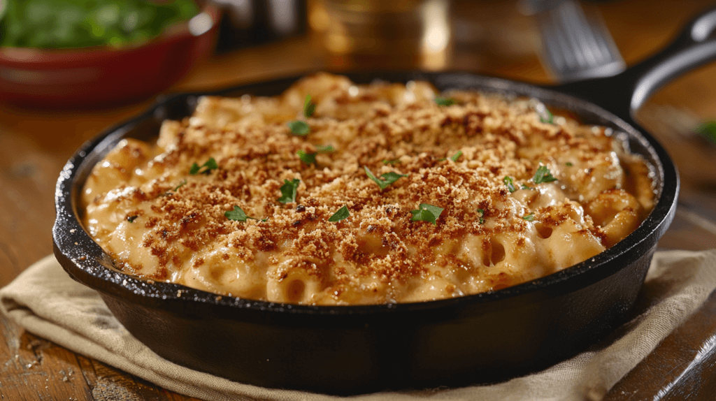 A close-up shot of baked macaroni and cheese in a casserole dish, featuring a golden, crispy topping and creamy interior.