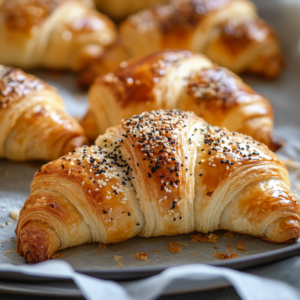 A close-up shot of freshly baked Swiss Gipfeli croissants with a golden, flaky crust, sprinkled with sesame and poppy seeds. The pastries rest on a parchment-lined baking tray, highlighting their buttery layers and crisp exterior.