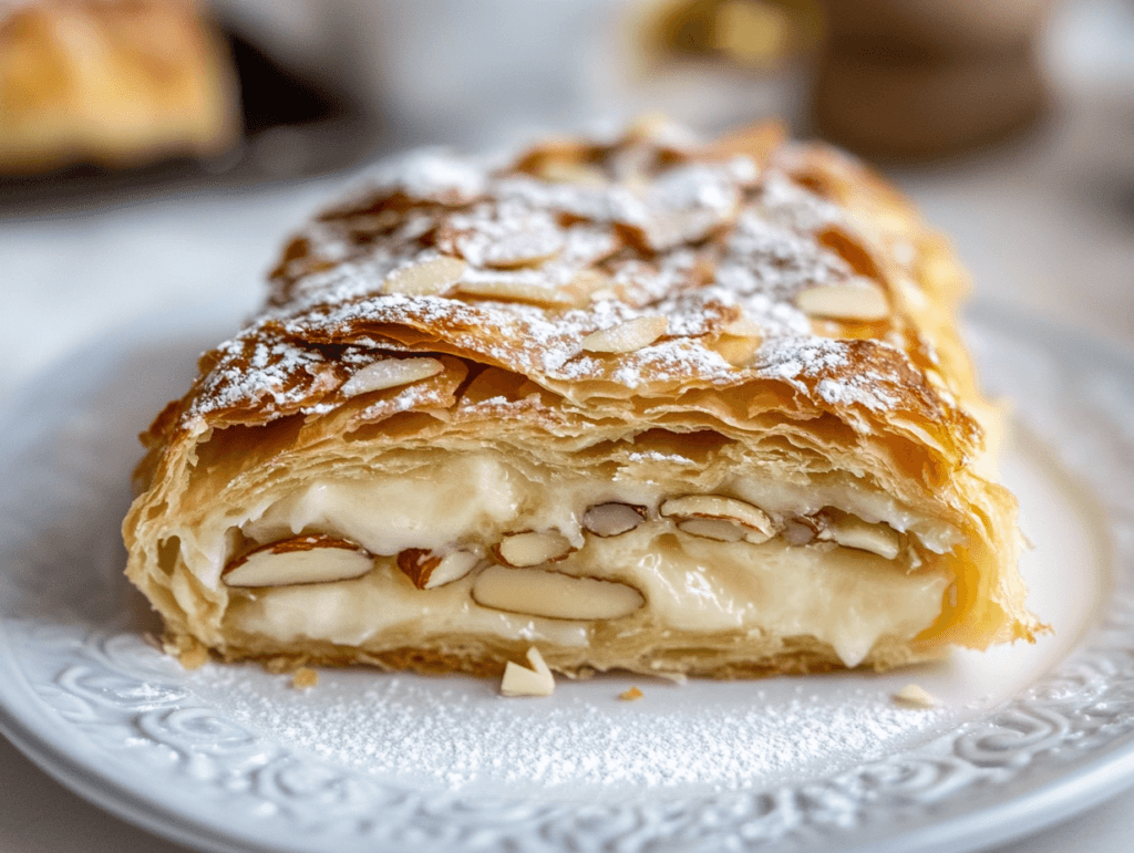 Close-up view of a Mandelgipfel pastry sliced in half, revealing its flaky layers and almond filling