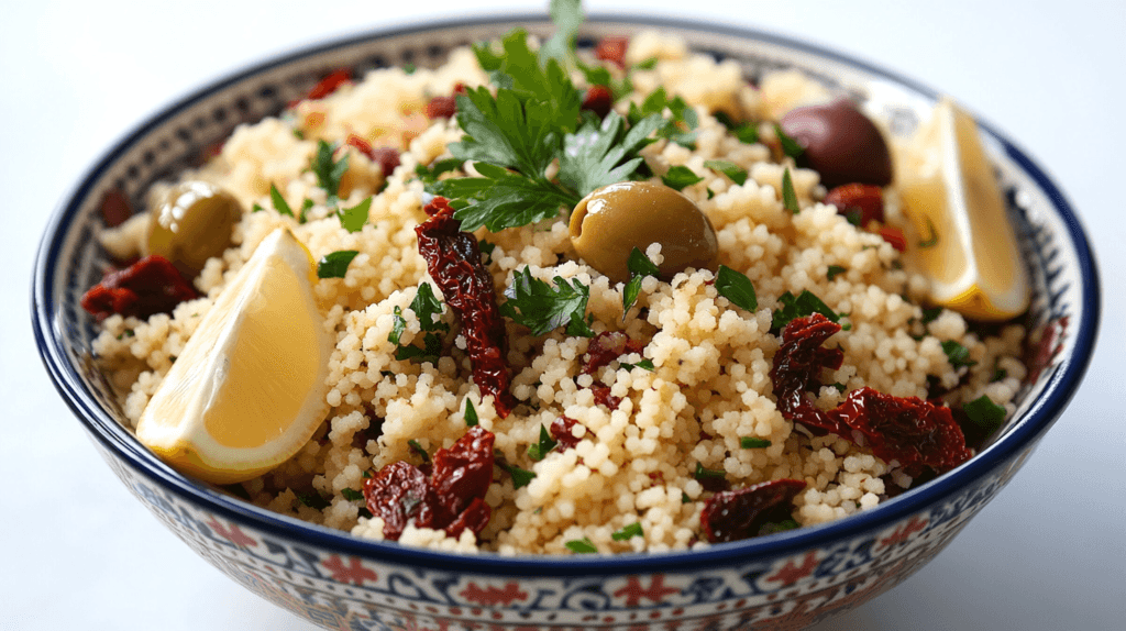 A colorful bowl of Mediterranean couscous salad garnished with fresh parsley, featuring vibrant vegetables and a light dressing.