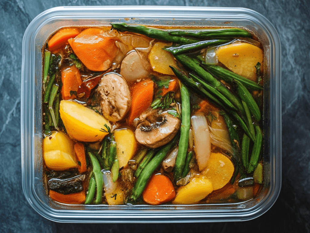 A container of Sinigang soup with wilted vegetables, shrimp, and a rich broth, ready for serving