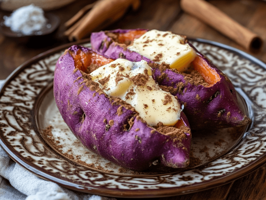 Baked purple sweet potatoes topped with melted butter and sprinkled with cinnamon, served on an ornate plate.