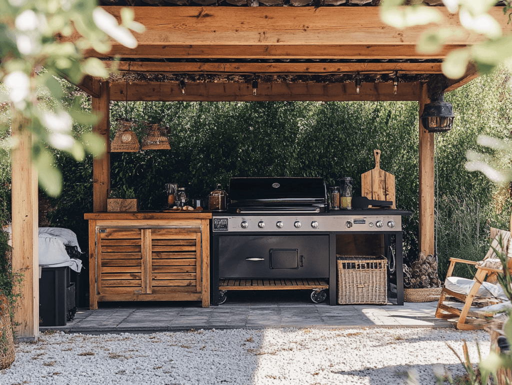 Covered Blackstone griddle stored outdoors in a shaded area with protective covering