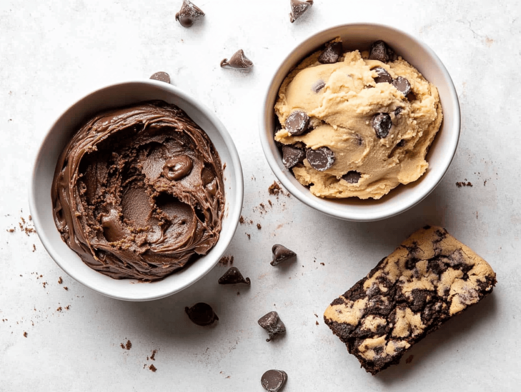 A creative flat-lay photo featuring brownie batter, cookie dough, and baking tools arranged aesthetically on a wooden surface.