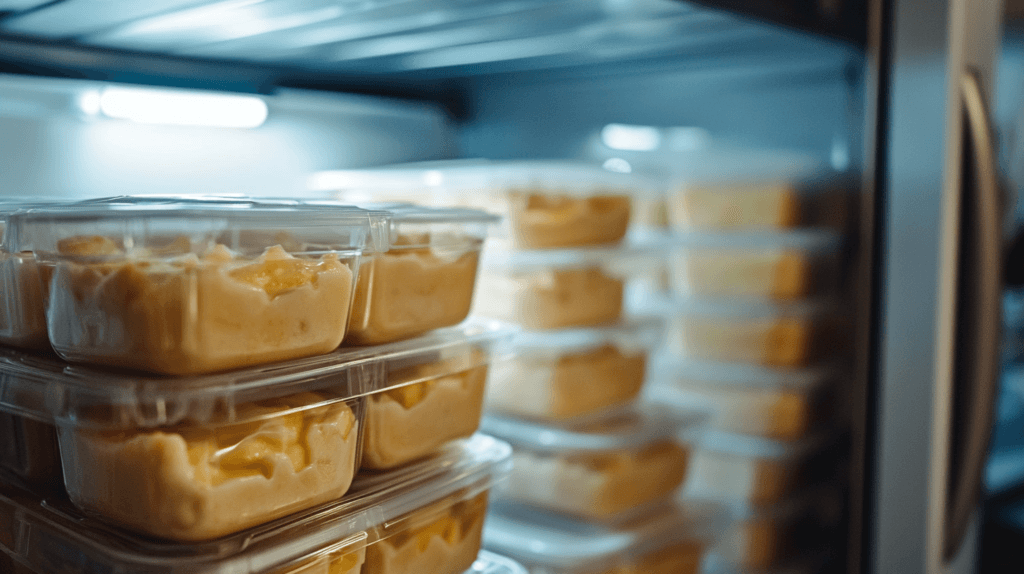 A detailed image of banana pudding in labeled freezer-safe containers, ready for storage