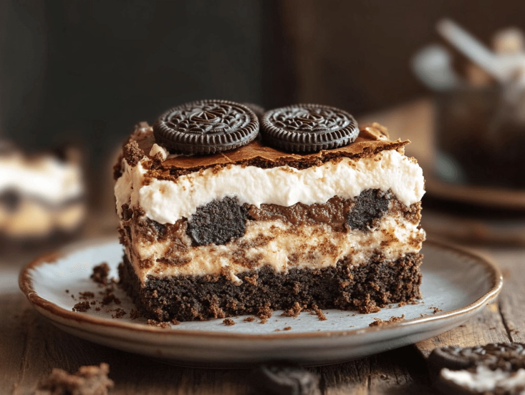 A slice of Oreo Brookie showing its layers