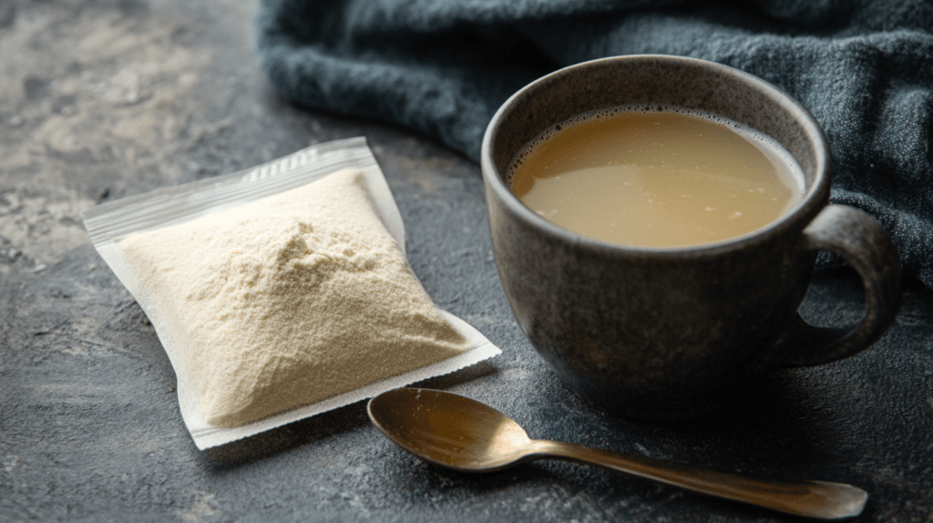 Powdered bone broth in a pouch with a rehydrated mug of broth.