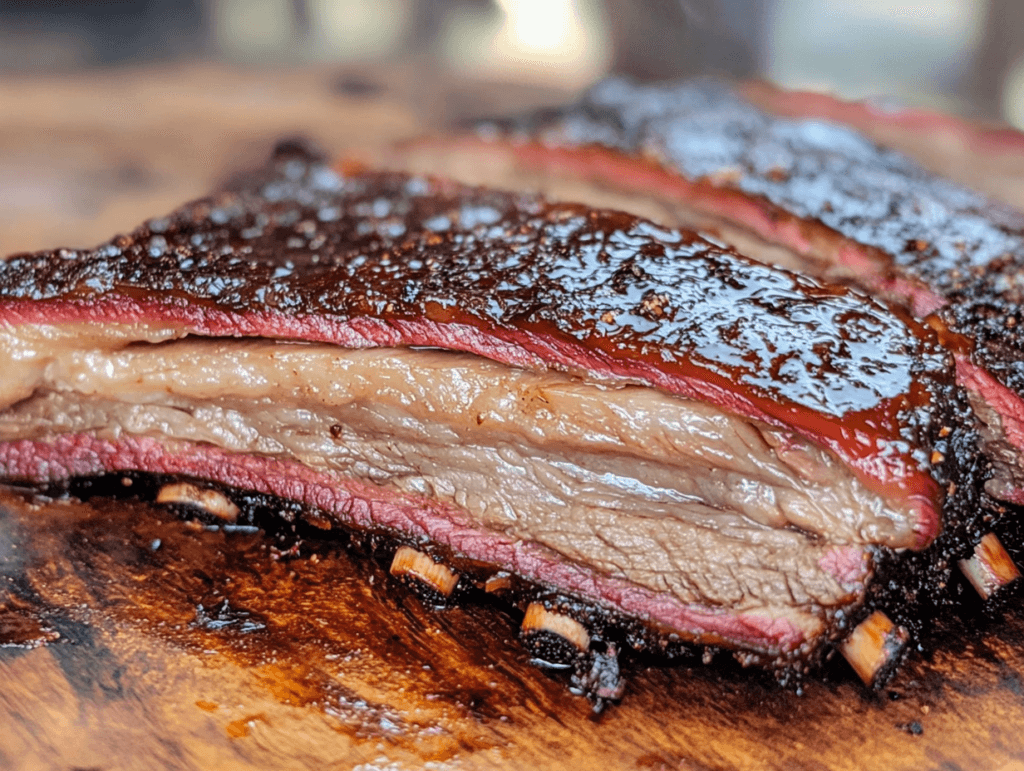 A detailed shot of ribs and brisket with a perfectly smoked crust, cooking on a wood pellet grill.