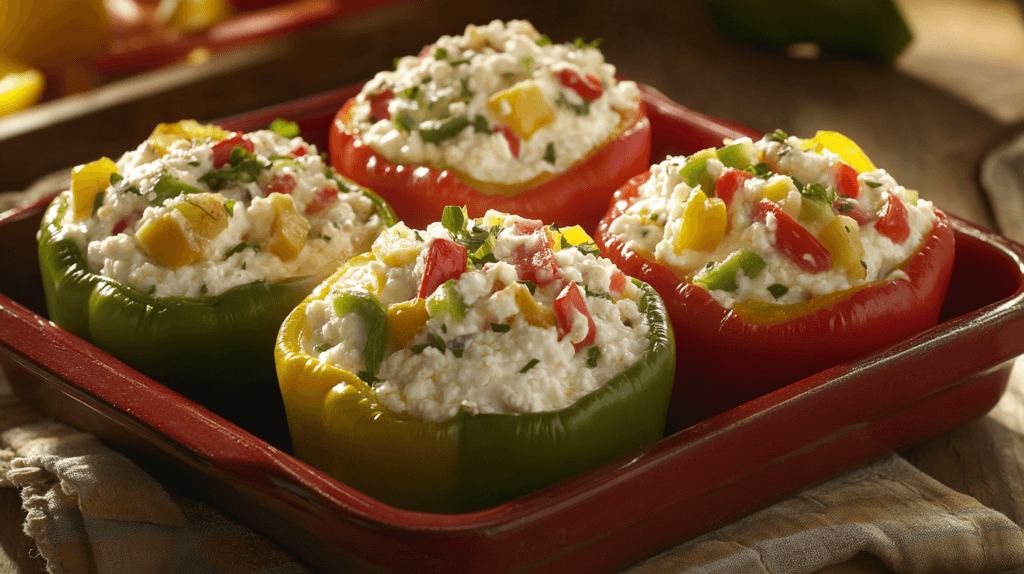 Bell peppers stuffed with cottage cheese and vegetables.