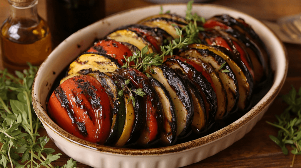 Grilled vegetables with balsamic glaze and fresh herbs.