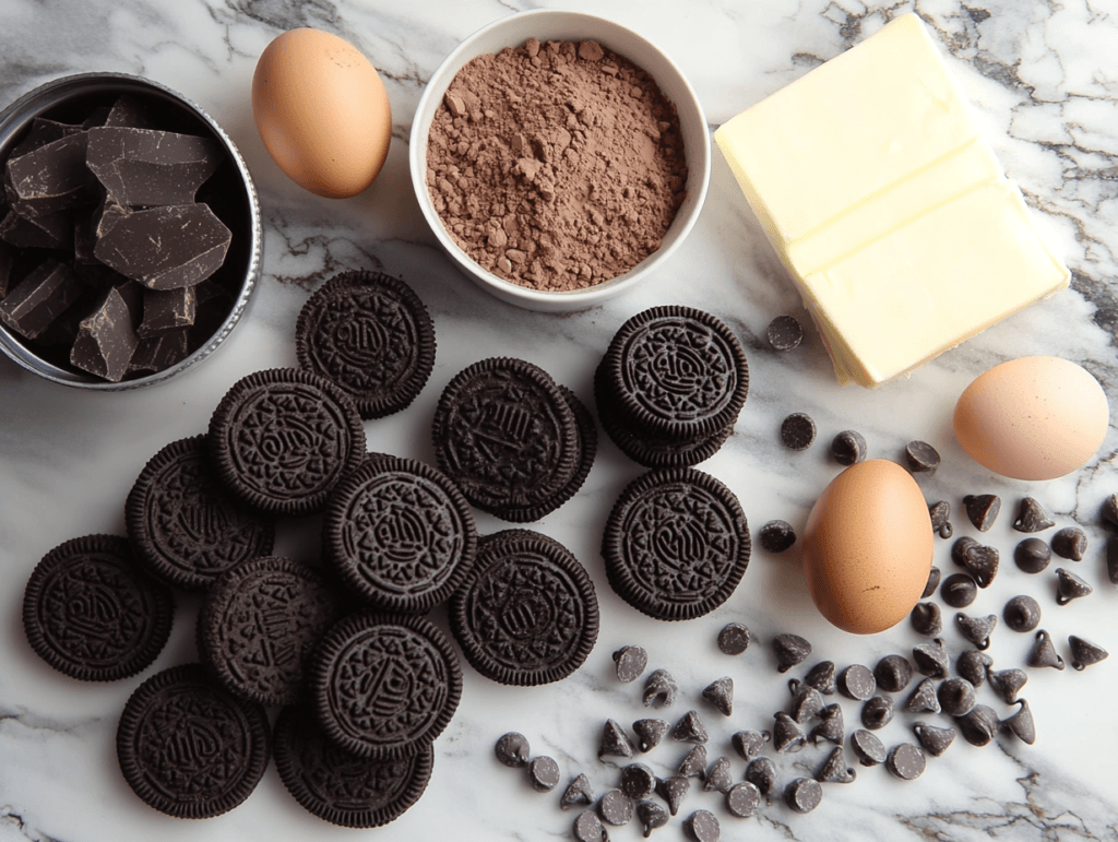 A flat-lay of Oreo Brookie ingredients, including butter, sugar, flour, cocoa powder, eggs, chocolate chips, and Oreo cookies, arranged on a wooden surface.