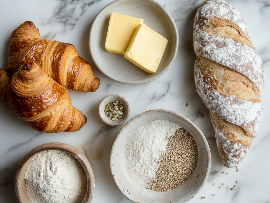 Flat-lay photograph of croissant-making ingredients, including flour, butter, eggs, and a rolling pin on a wooden surface