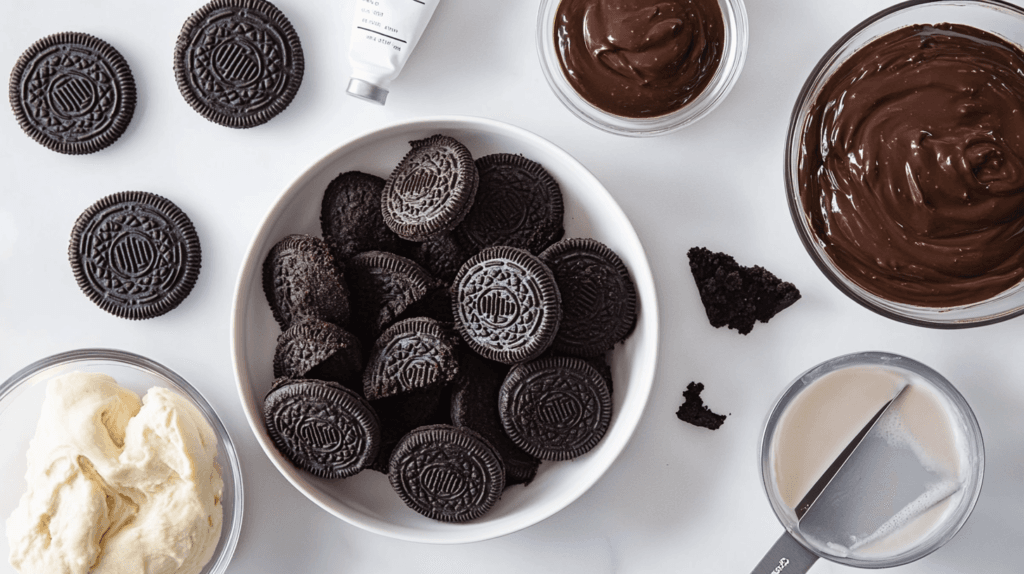 Ingredients for slutty brownies, including cookie dough, Oreos, and brownie batter.