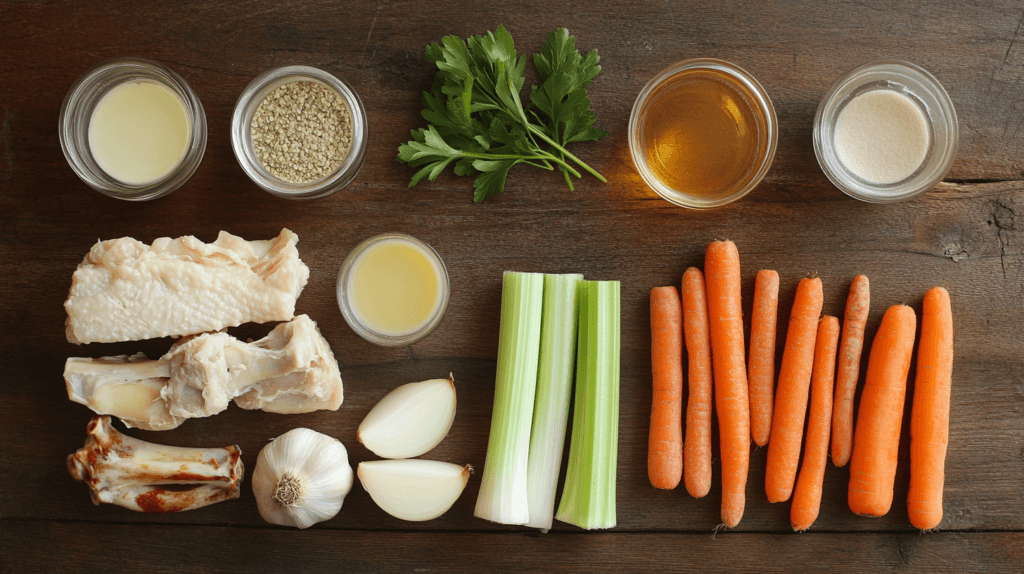 Ingredients for chicken bone broth, including chicken bones, vegetables, and apple cider vinegar.