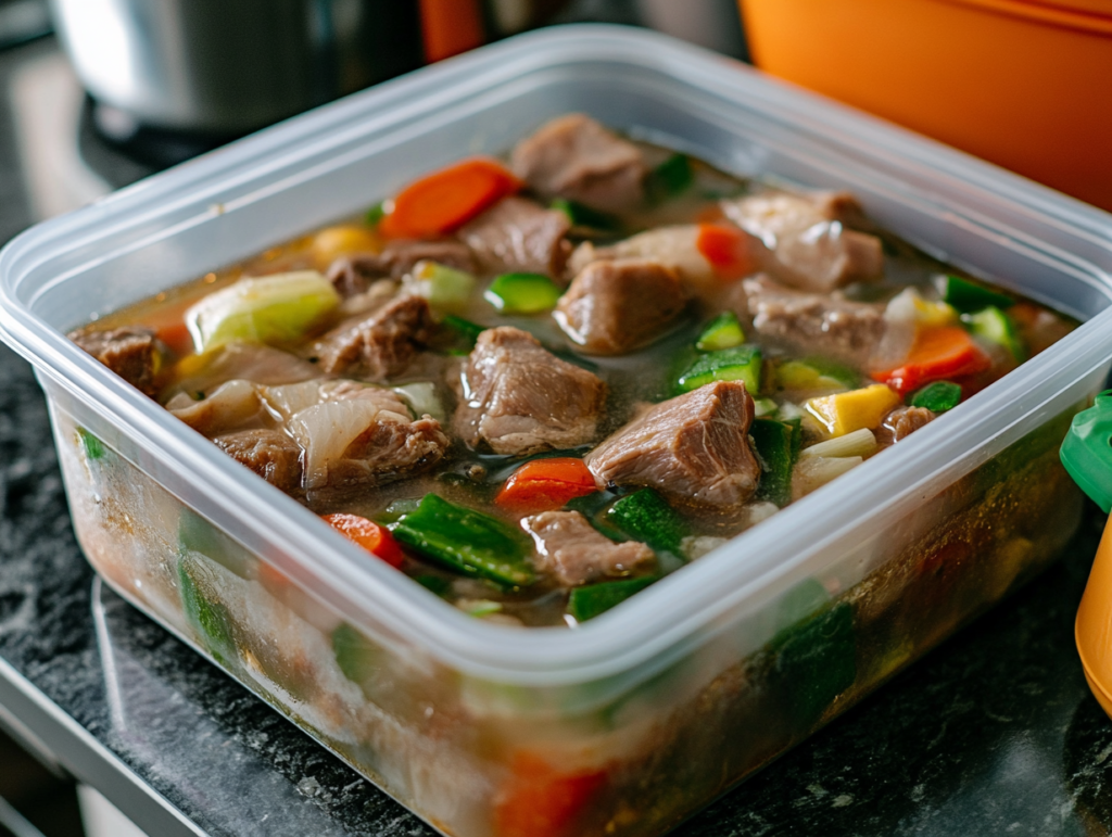 Sinigang soup being stored in a freezer-safe container.