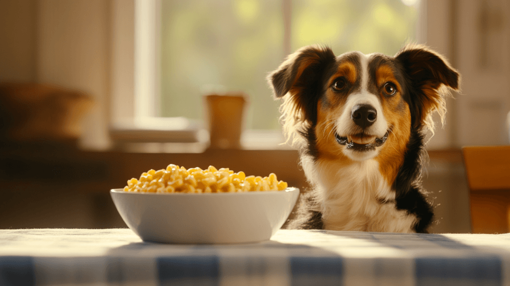 A dog looking at a bowl of mac and cheese on a dining table.