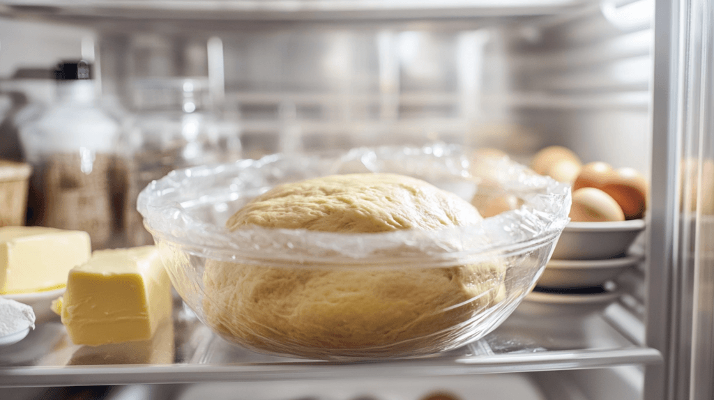 Covered brioche dough in a bowl placed in a refrigerator.