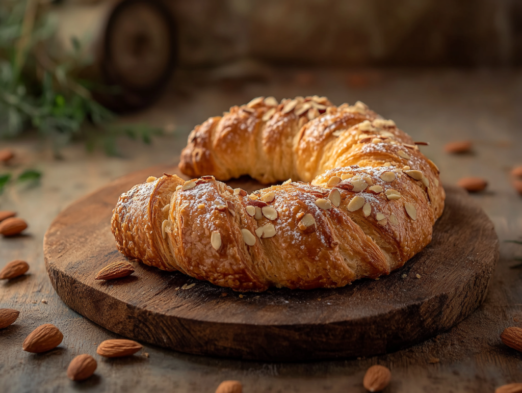 Traditional Swiss Mandelgipfel pastry on a wooden platter.