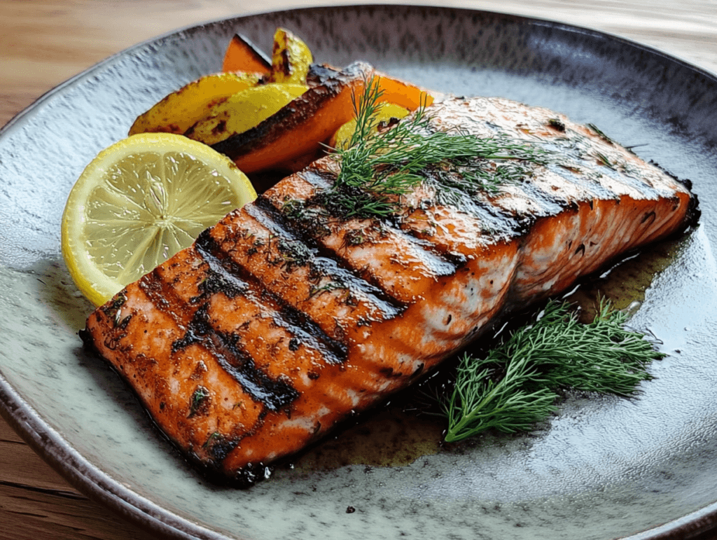 Grilled salmon fillet with charred grill marks, garnished with fresh dill and served with roasted vegetables and a lemon wedge on a rustic plate.