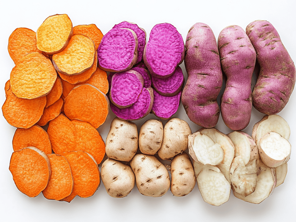An assortment of orange, purple, and white sweet potatoes, both whole and sliced, arranged neatly on a white background.