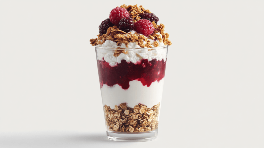 Cottage cheese parfait with berries and granola.