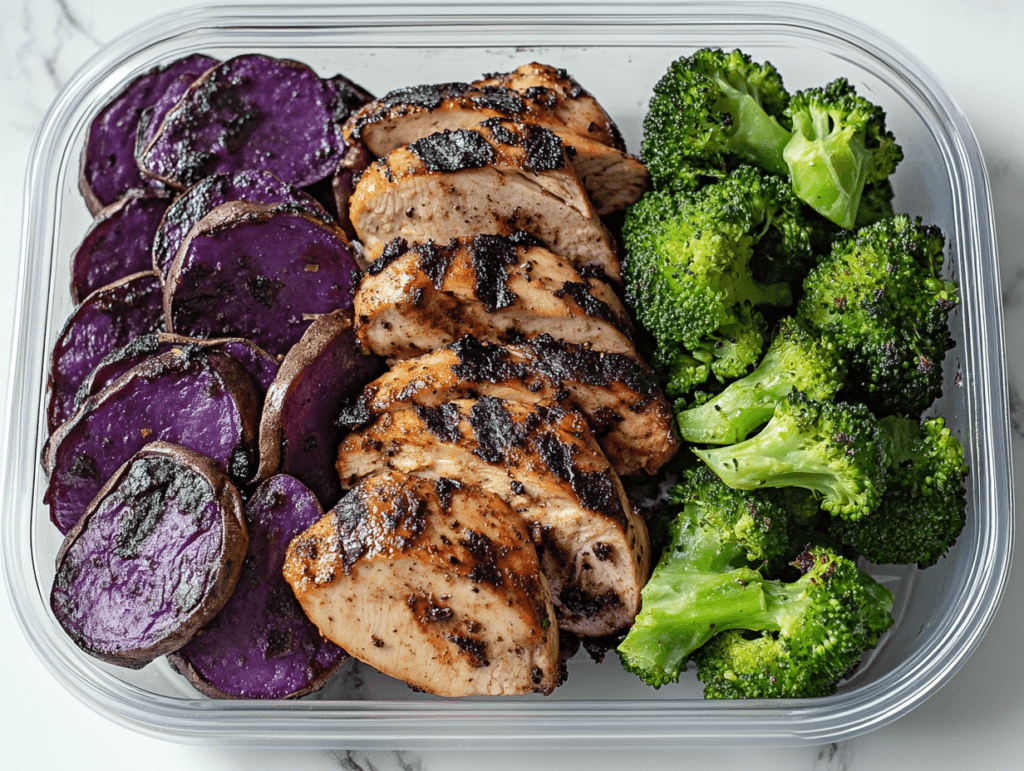 Grilled chicken slices, roasted purple sweet potatoes, and steamed broccoli arranged neatly in a meal prep container.
