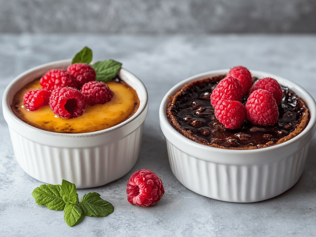 A modern twist on crème brûlée featuring a chocolate base and a caramelized sugar topping, garnished with fresh berries and mint.