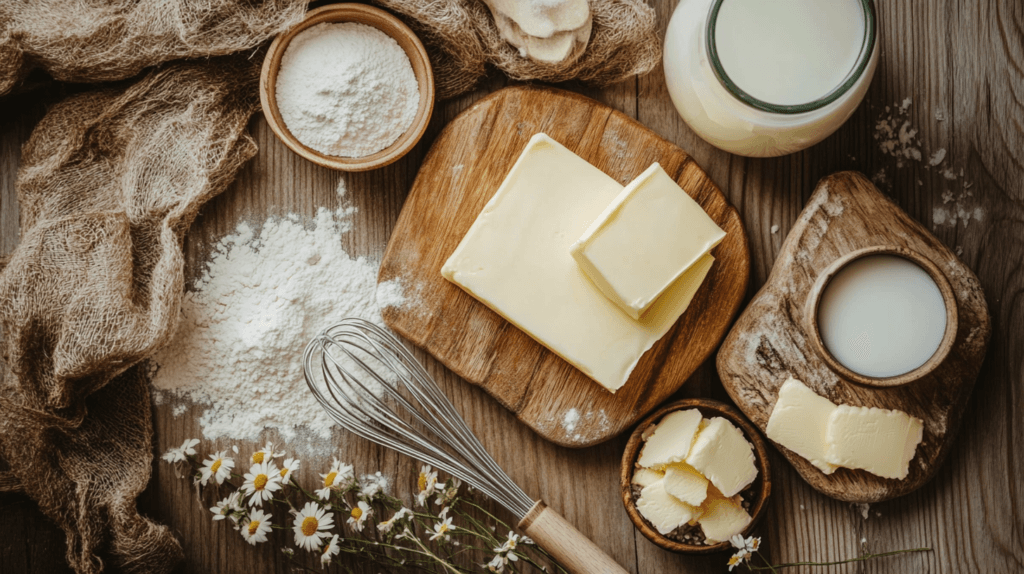 Whisking butter and flour to make a roux.