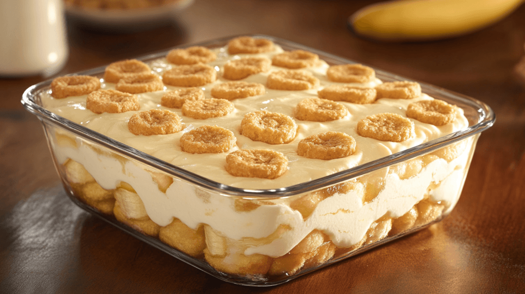 A neatly layered serving of banana pudding in a clear glass, topped with whipped cream and banana slices