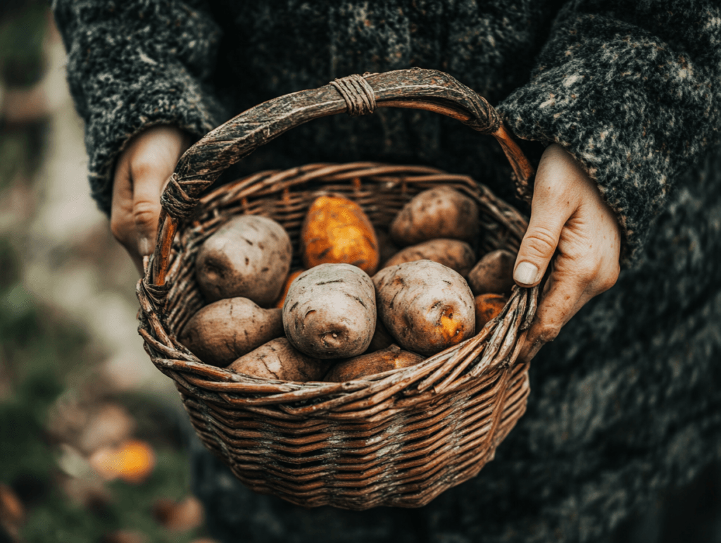A rustic wicker basket filled with freshly harvested sweet potatoes, held by a person in a cozy sweater outdoors.