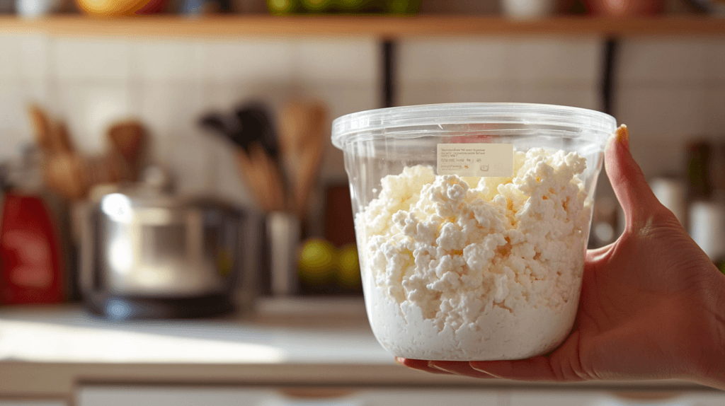 Frozen cottage cheese container in a kitchen.