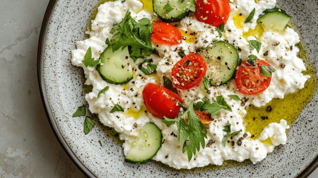 Cottage cheese with savory vegetable toppings.