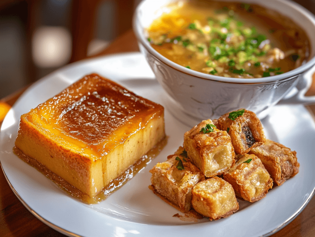 A plate of golden leche flan and crispy turon served with caramel sauce and garnished with fresh mint