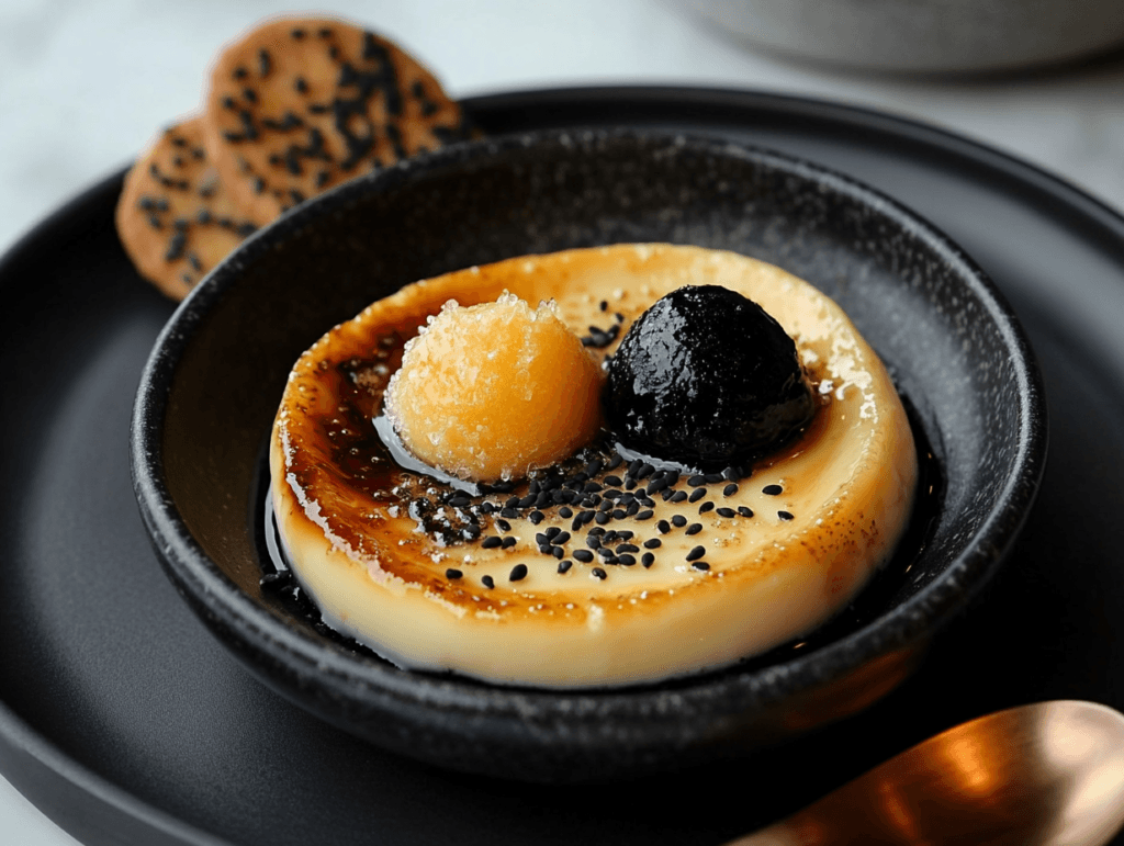 Plated crème brûlée served with a scoop of yuzu sorbet and a garnish of fresh mint, placed on an elegant white plate
