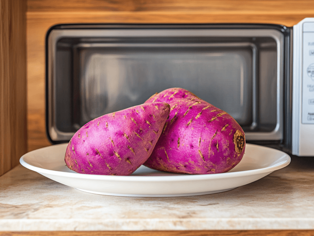 Two vibrant purple sweet potatoes on a white plate, placed inside a microwave ready for cooking.