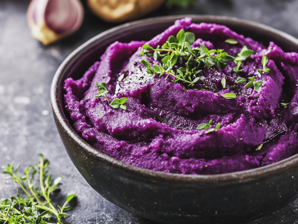 A bowl of creamy purple sweet potato mash garnished with fresh thyme, set on a dark textured background.