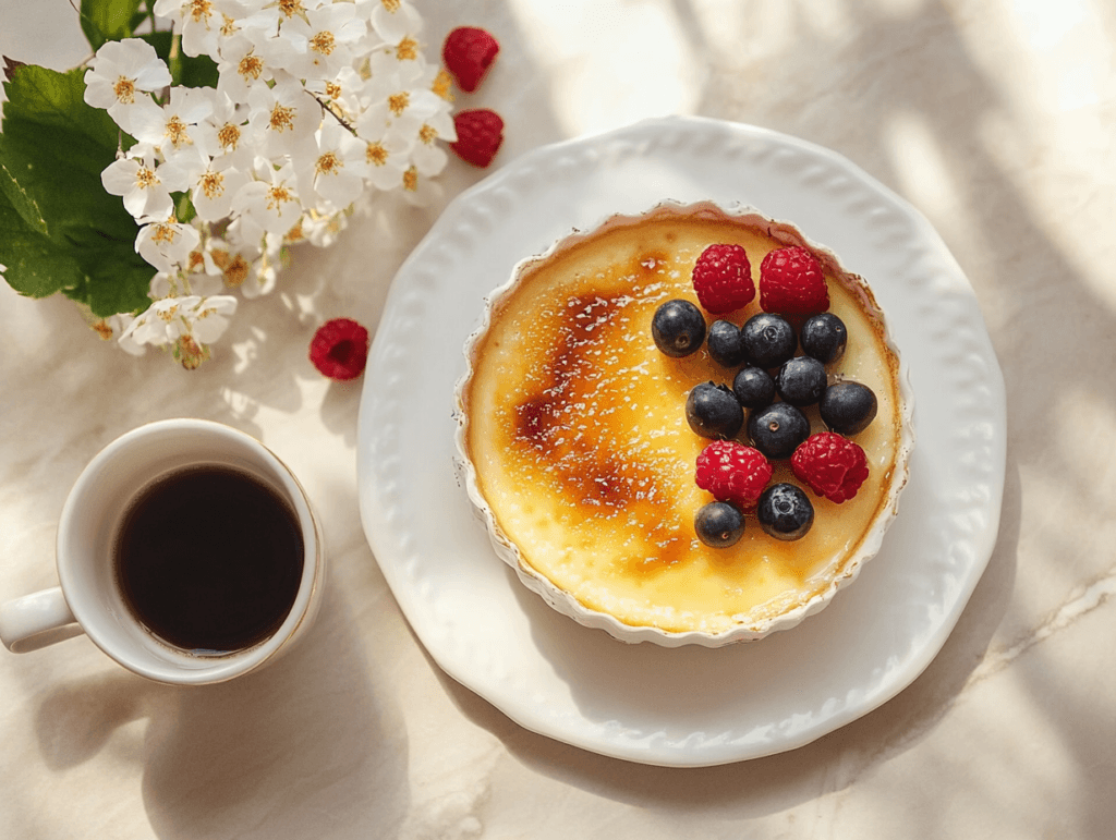 A realistic depiction of crème brûlée served alongside fresh berries and mint on a ceramic plate, with a spoon ready to enjoy.