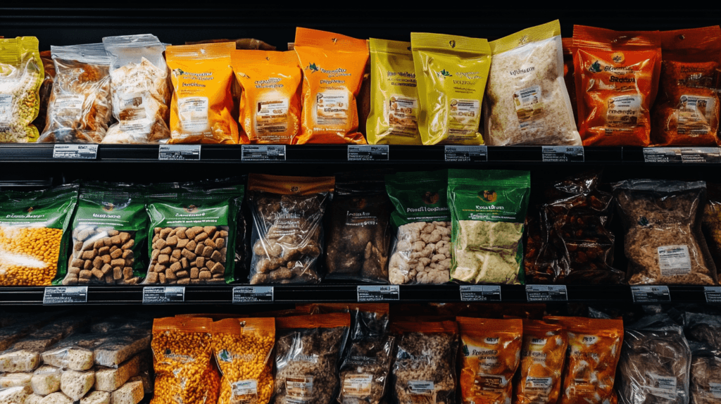 A realistic display of packaged dog food featuring various flavors and nutritional labels, neatly arranged on a shelf.