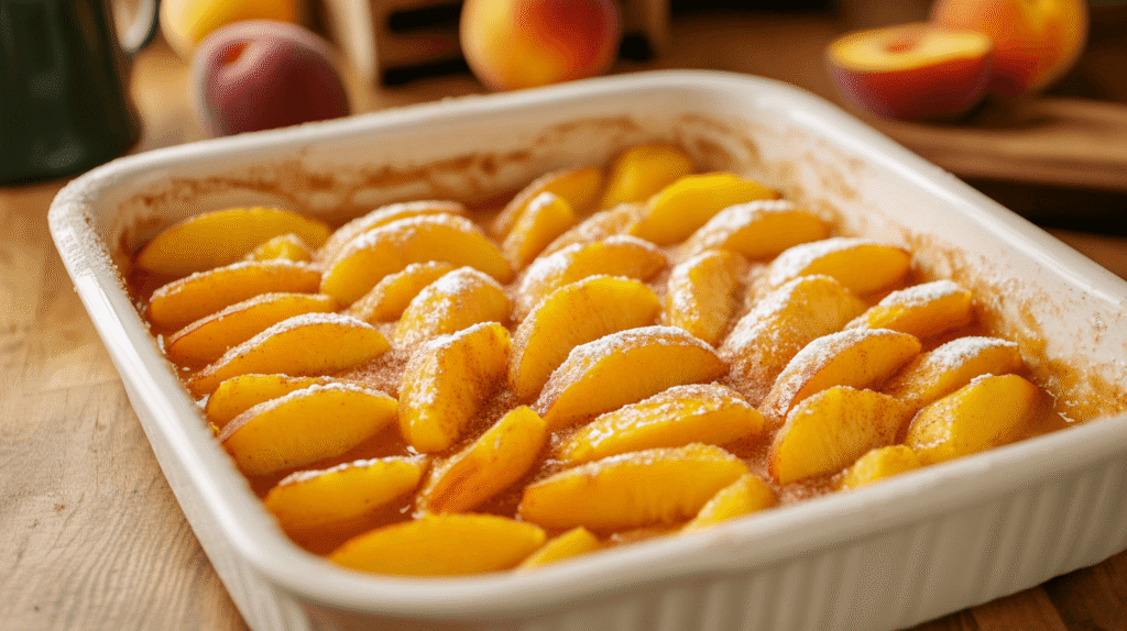 Cobbler preparation with unpeeled peaches in a dish