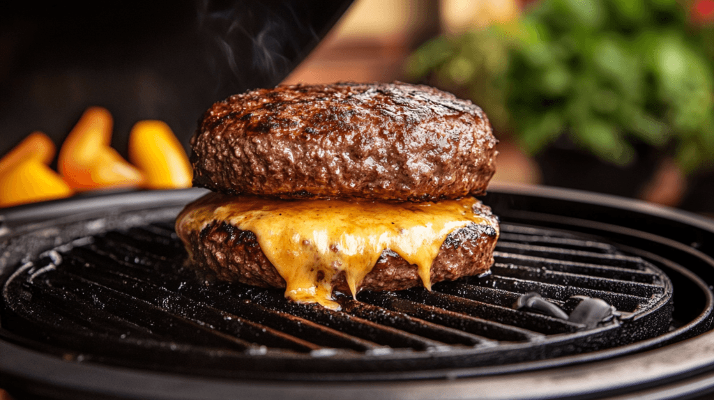 A juicy burger patty topped with melted cheese, sizzling on a grill with steam rising in a backyard setting.