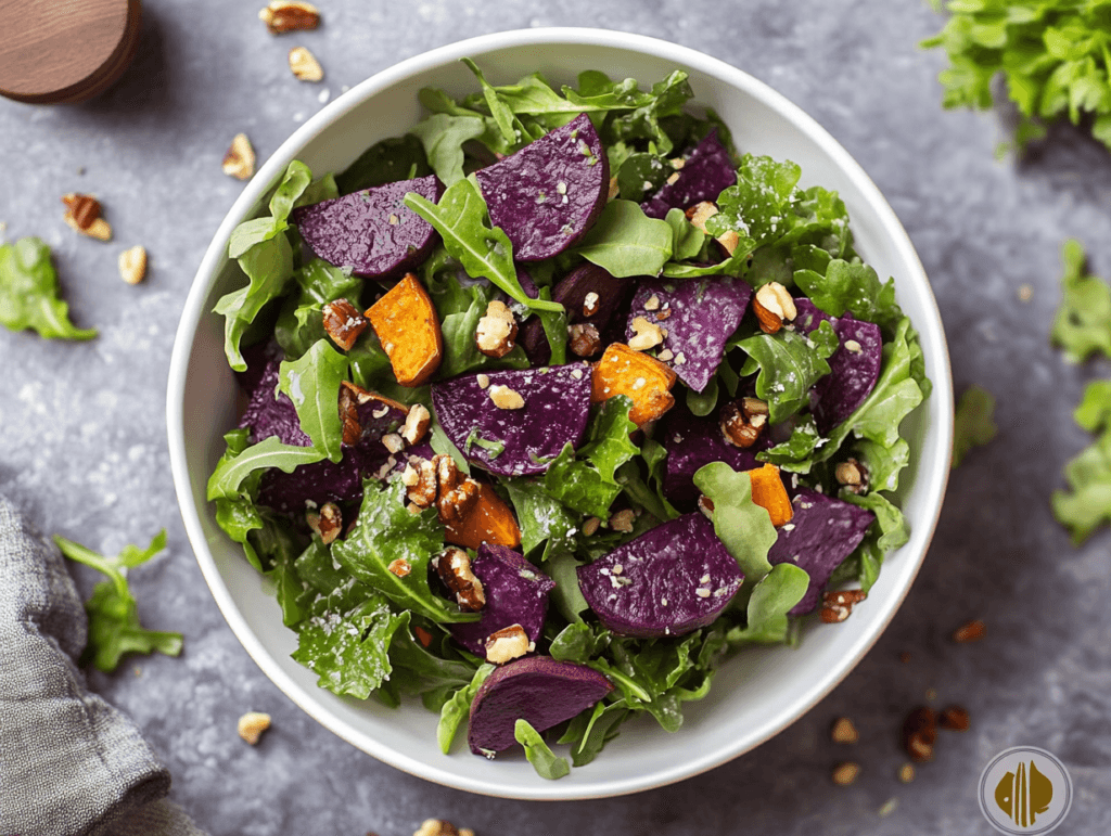 A vibrant salad with purple sweet potatoes, roasted orange sweet potatoes, fresh greens, and chopped pecans in a white bowl.