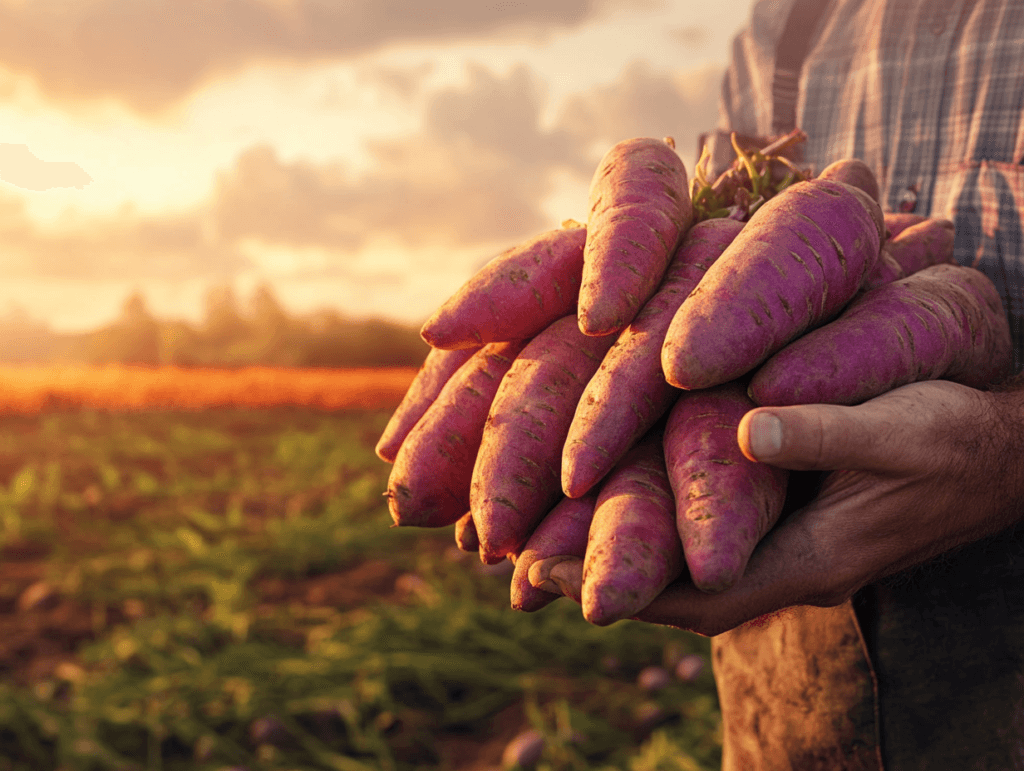 A farmer holding a freshly harvested bundle of purple sweet potatoes with a sunlit field in the background.