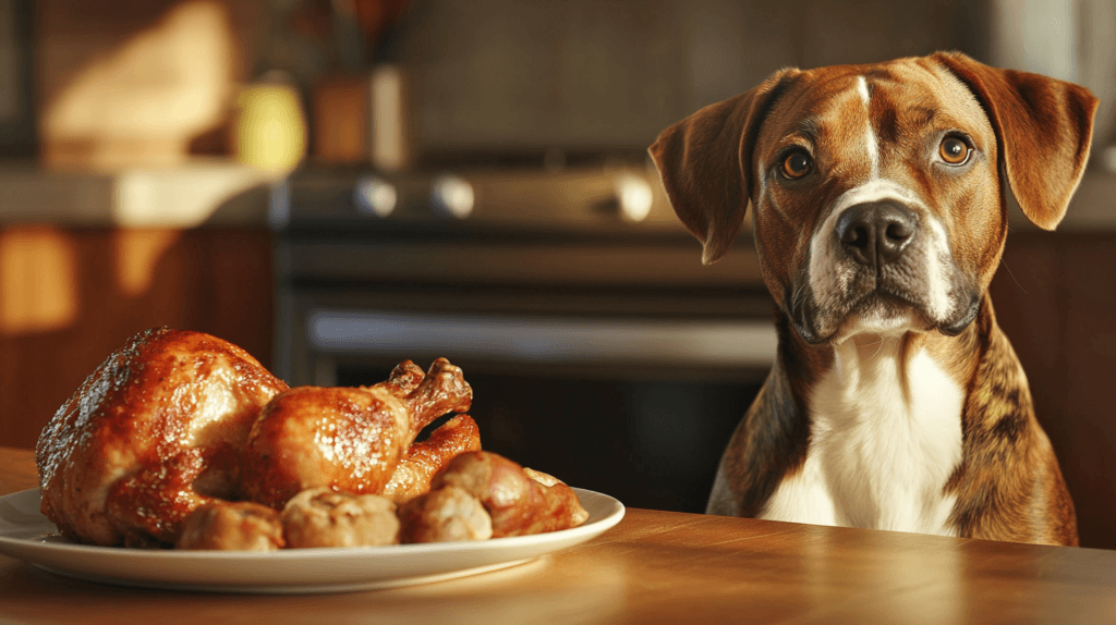 A dog sitting near a plate of rotisserie chicken with a curious expression.