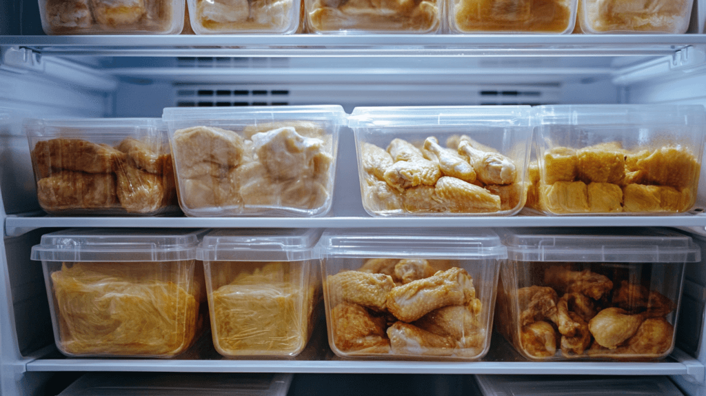 A realistic image of a modern fridge with neatly organized shelves filled with fresh produce, beverages, and other food items.