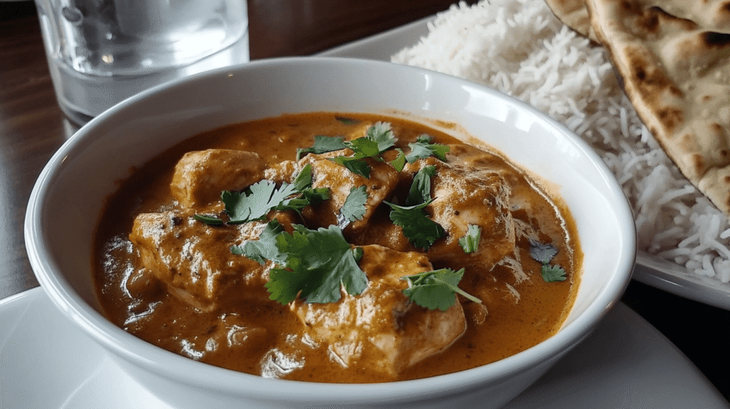 A realistic image of chicken curry in a bowl with rich, flavorful sauce, garnished with fresh cilantro and served with rice on the side.