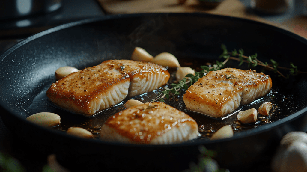 Pan-seared rockfish fillets in a skillet, golden brown and sizzling, garnished with fresh herbs.