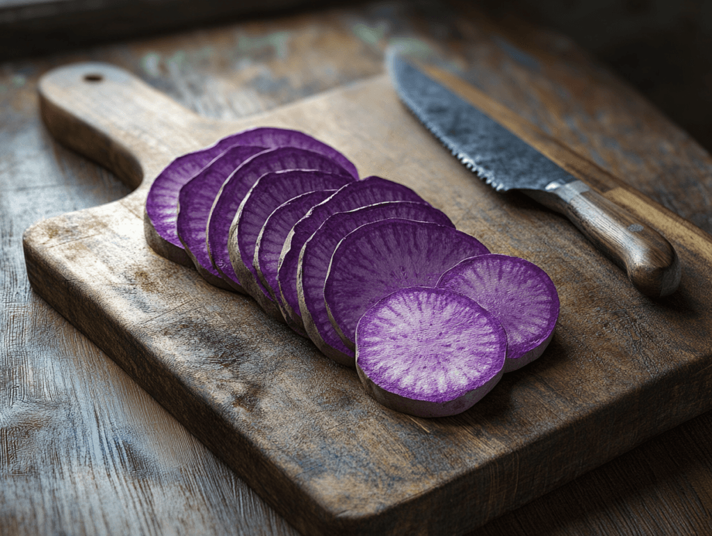 Freshly sliced purple sweet potato arranged neatly on a wooden cutting board with a rustic knife placed beside it.